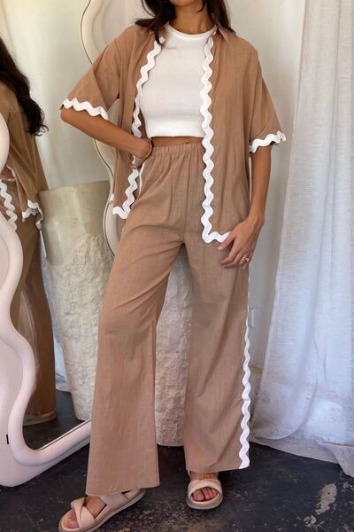 Trimmed White Hem Top and Pants Lounge Set