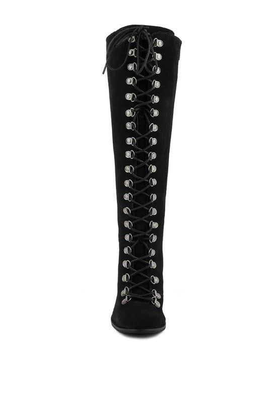 Women Lace Up Knee High Boots With Metal Eyelets