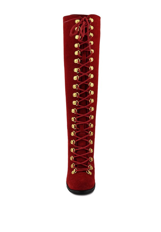 Women Lace Up Knee High Boots With Metal Eyelets