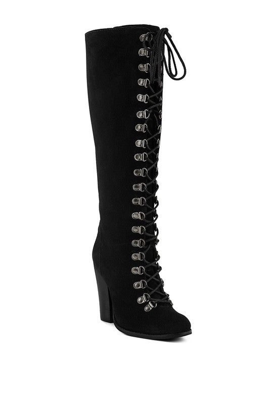 Women Lace Up Knee High Boots With Metal Eyelets