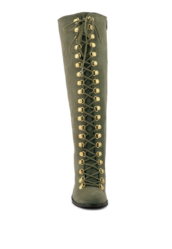 Women Lace Up Knee High Boots With Metal Eyelets