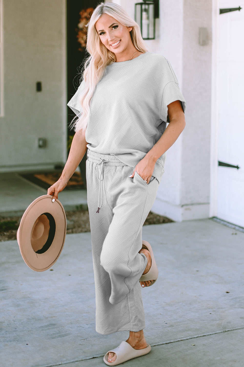 Double Take Short Sleeve Top and Capri Wide Leg Joggers Set