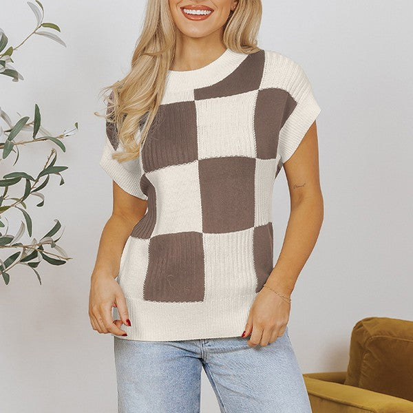 Checkered Color Block Short Sleeve Sweater