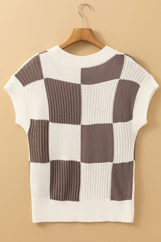Checkered Color Block Short Sleeve Sweater