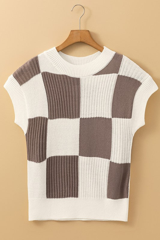 Checkered Color Block Short Sleeve Sweater
