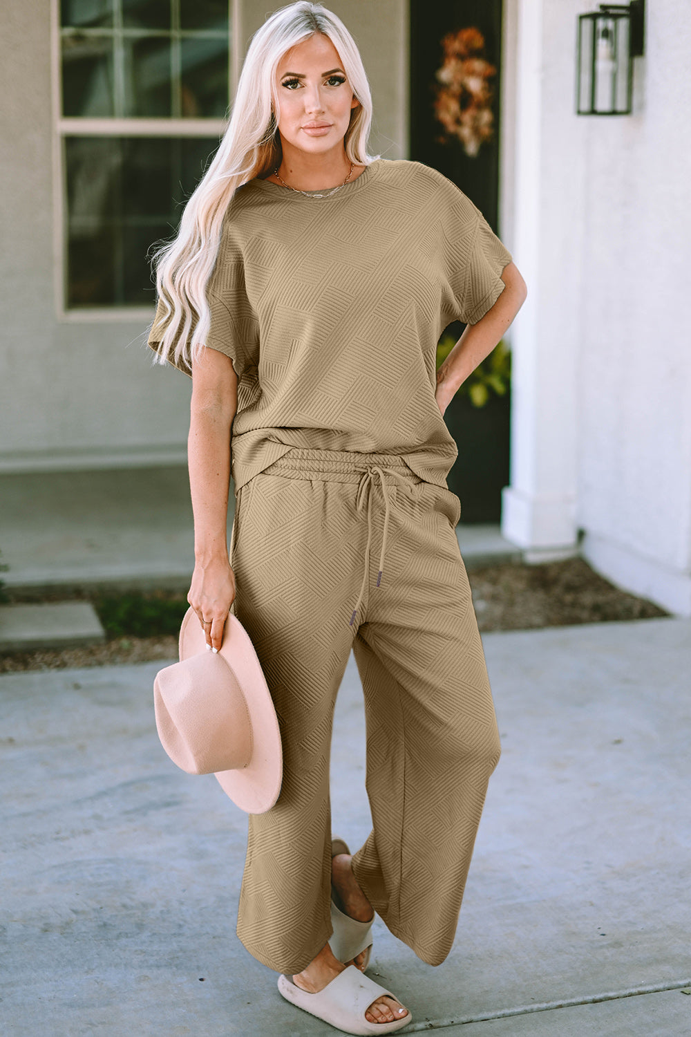 Double Take Short Sleeve Top and Capri Wide Leg Joggers Set