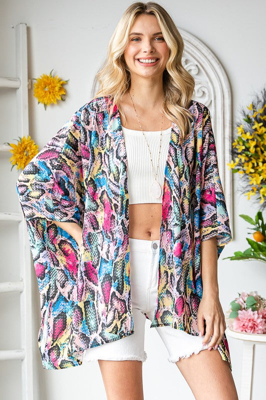 Heimish Full Size Multi Color Snake Open Cardigan