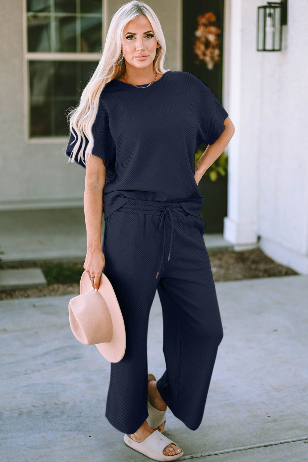 Double Take Short Sleeve Top and Capri Wide Leg Joggers Set