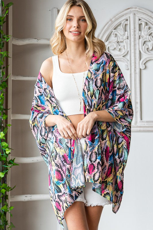 Heimish Full Size Multi Color Snake Open Cardigan