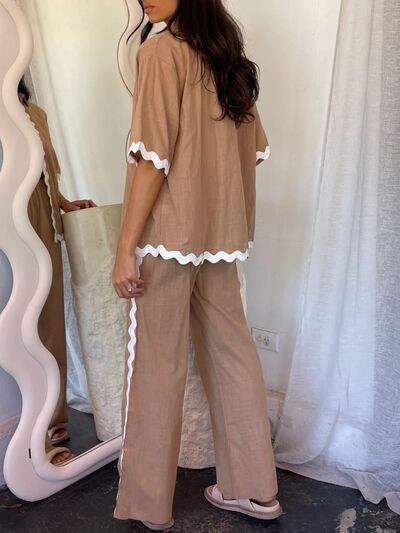 Trimmed White Hem Top and Pants Lounge Set