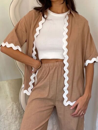 Trimmed White Hem Top and Pants Lounge Set