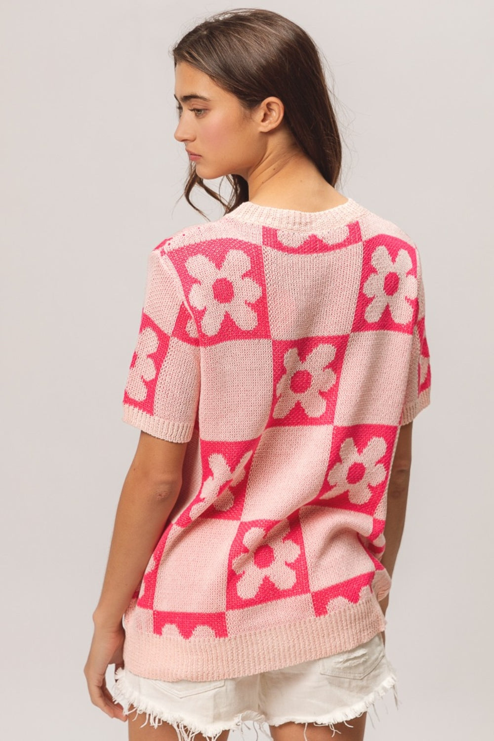 BiBi Checkered Board Pattern Short Sleeve Sweater Blouse