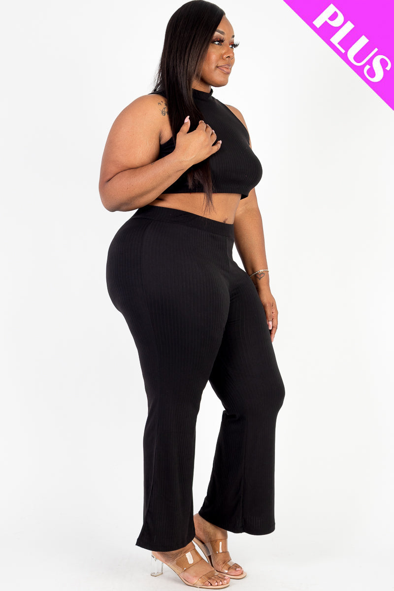 Plus Size Ribbed Mock Neck Crop Tank Top & Bootcut Pants Set