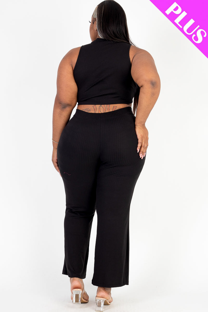 Plus Size Ribbed Mock Neck Crop Tank Top & Bootcut Pants Set