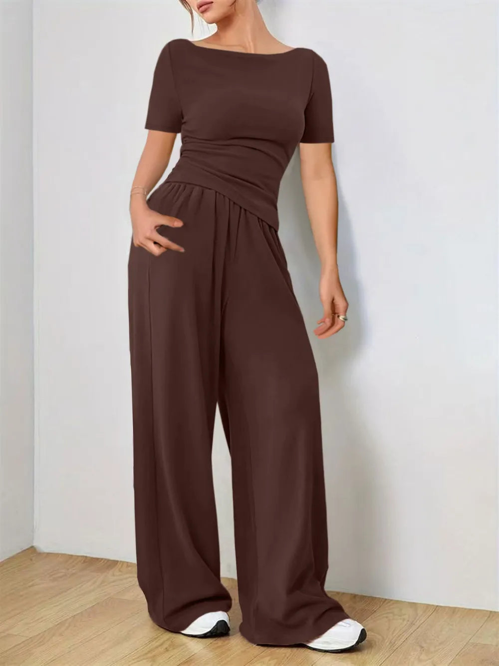 Two Piece Round Neck Short Sleeve T-Shirt and Pants Set