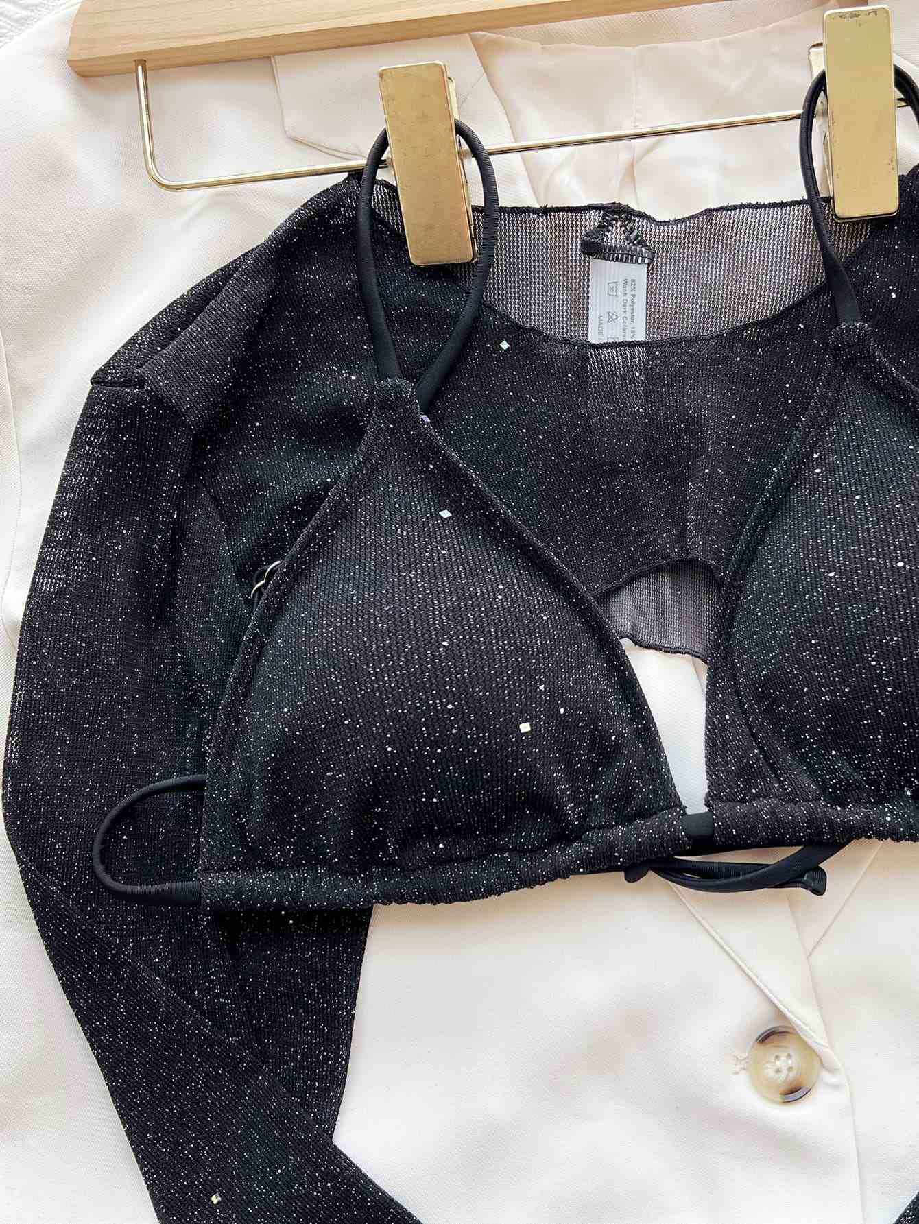 Black Shimmering Mesh Three-Piece Swim Set