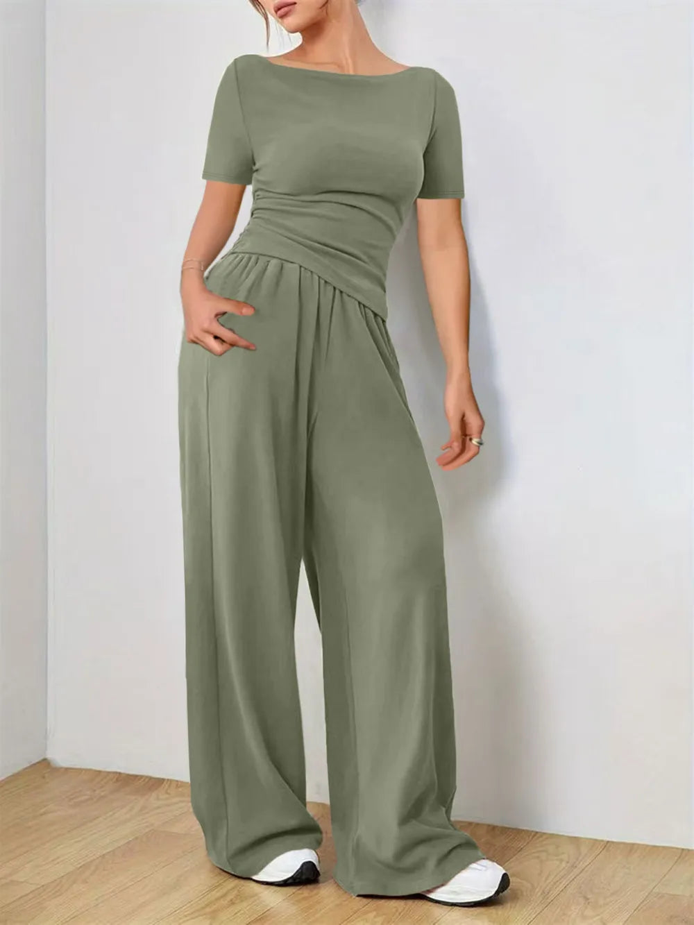 Two Piece Round Neck Short Sleeve T-Shirt and Pants Set