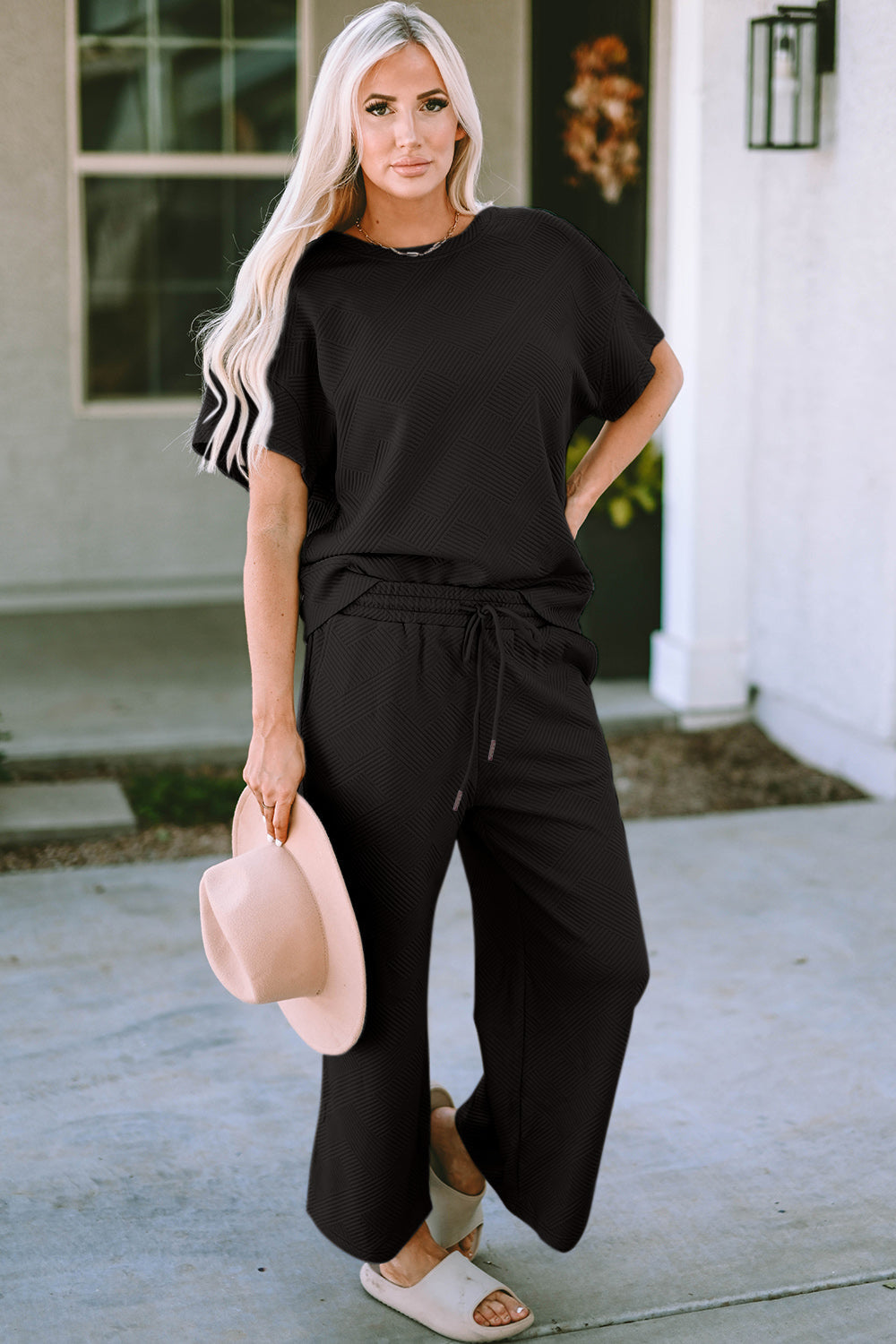 Double Take Short Sleeve Top and Capri Wide Leg Joggers Set