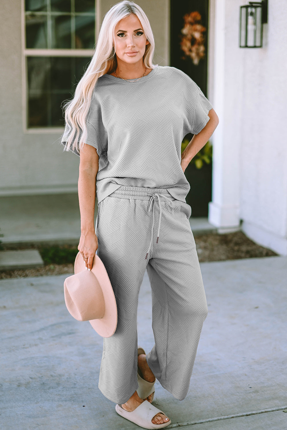 Double Take Short Sleeve Top and Capri Wide Leg Joggers Set