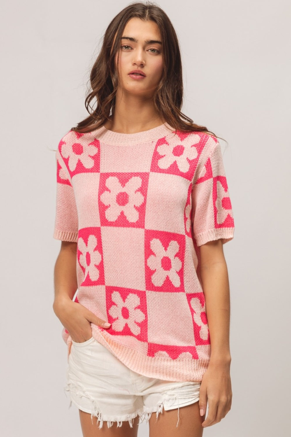 BiBi Checkered Board Pattern Short Sleeve Sweater Blouse