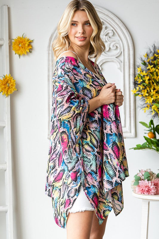 Heimish Full Size Multi Color Snake Open Cardigan