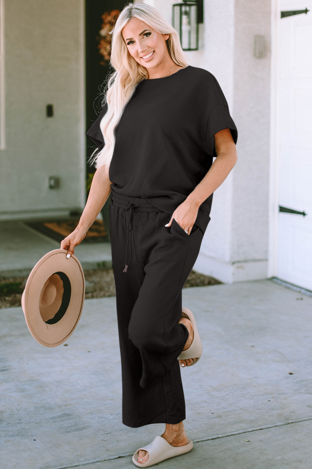 Double Take Short Sleeve Top and Capri Wide Leg Joggers Set