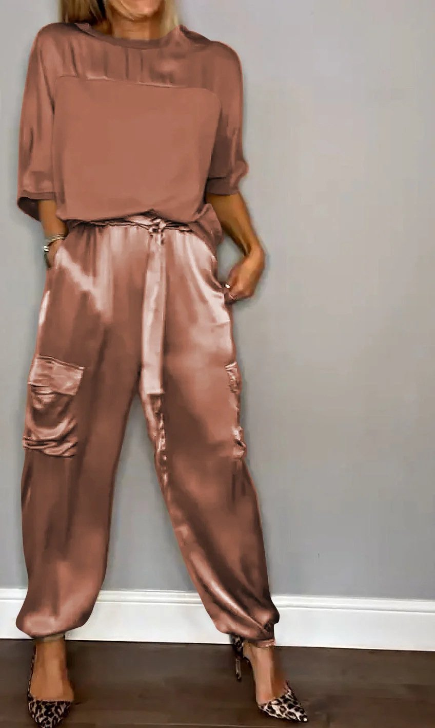 villow-Smooth Satin Half-sleeved Top and Pants Set💝BUY 2 FREE SHIPPING