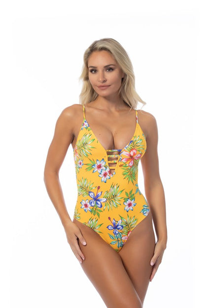 Yellow Botanical Island Print Swimsuit