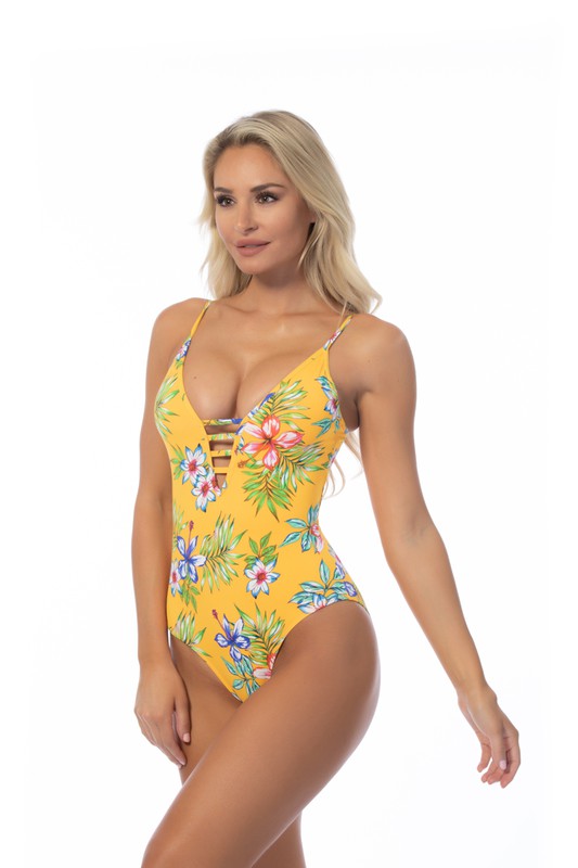 Yellow Botanical Island Print Swimsuit