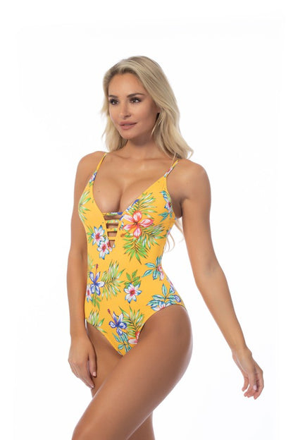 Yellow Botanical Island Print Swimsuit