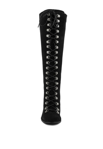 Women Lace Up Knee High Boots With Metal Eyelets