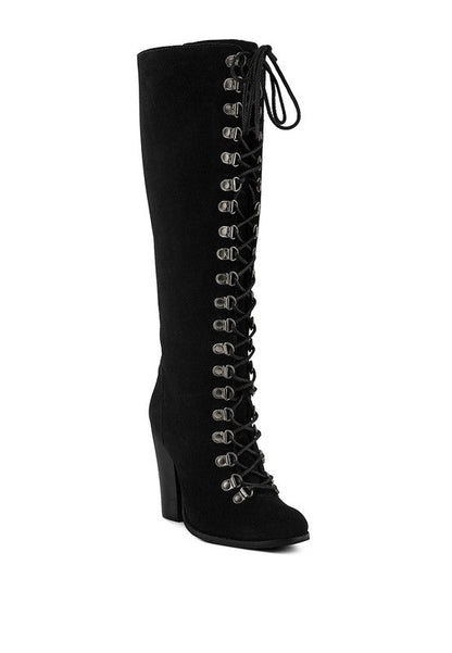Women Lace Up Knee High Boots With Metal Eyelets