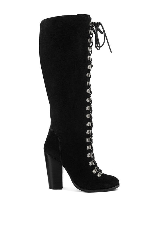 Women Lace Up Knee High Boots With Metal Eyelets
