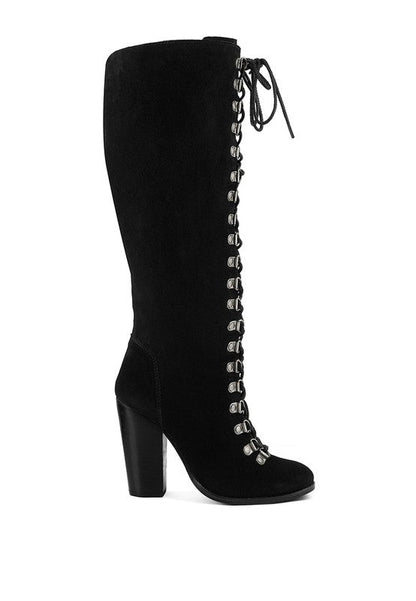 Women Lace Up Knee High Boots With Metal Eyelets