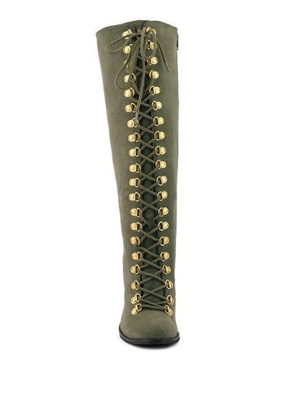 Women Lace Up Knee High Boots With Metal Eyelets