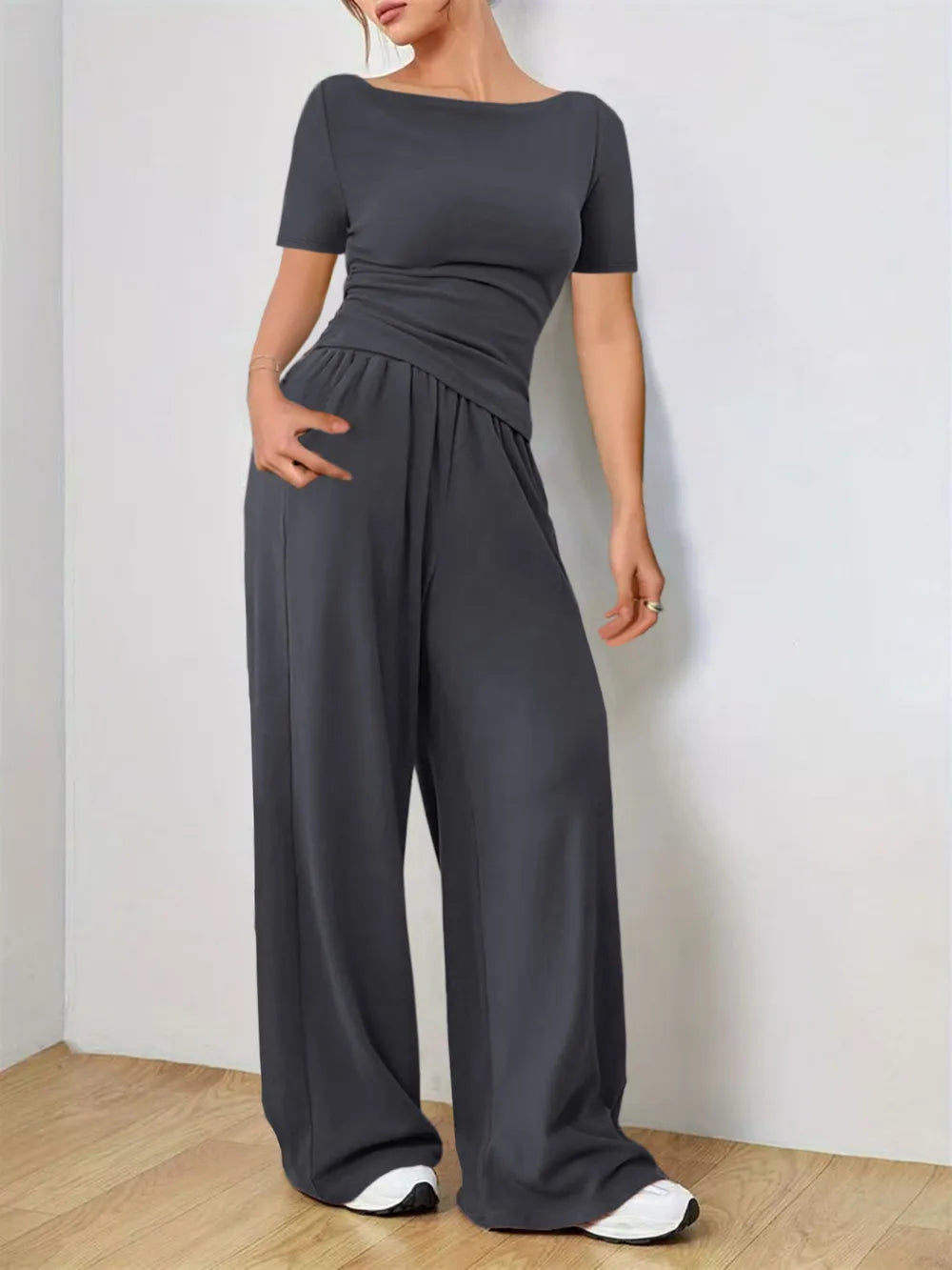 Two Piece Round Neck Short Sleeve T-Shirt and Pants Set