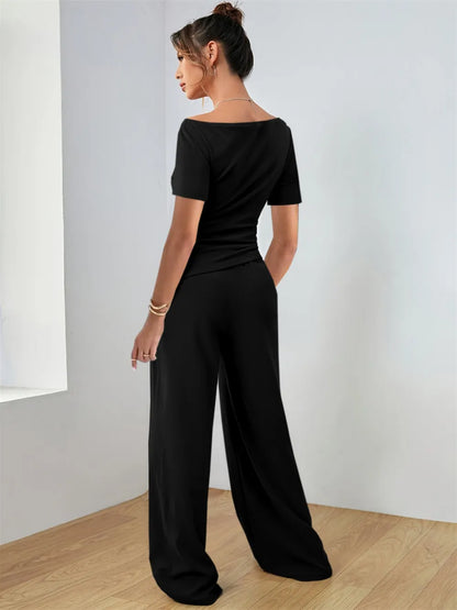 Two Piece Round Neck Short Sleeve T-Shirt and Pants Set