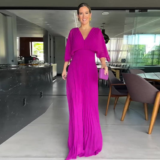 villow-Pleated Batwing Sleeve Waist-Cinching Dress (Buy 2 Free Shipping)