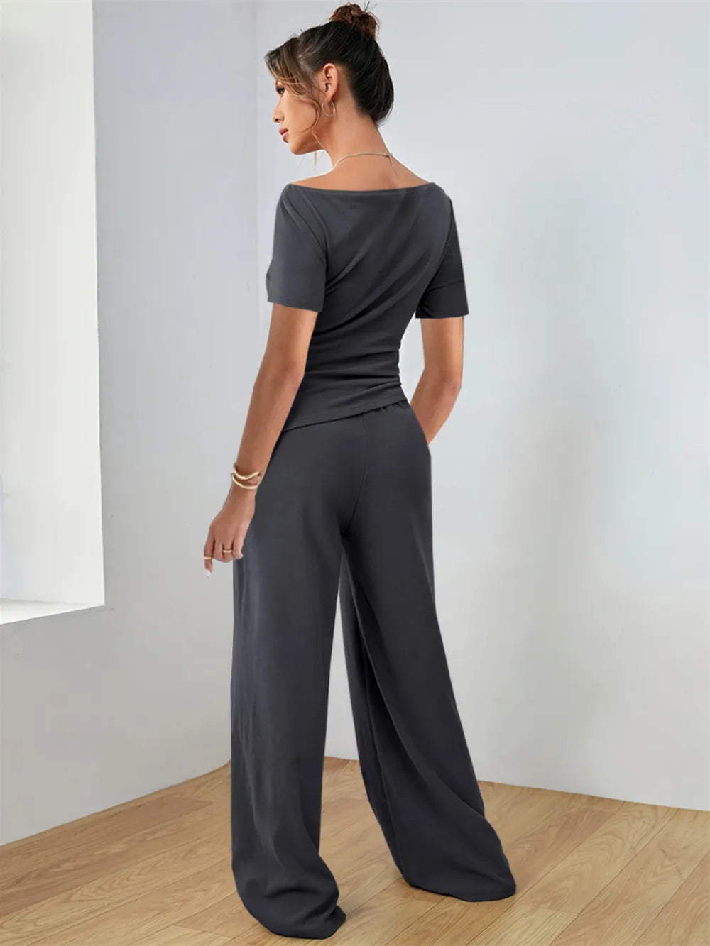 Two Piece Round Neck Short Sleeve T-Shirt and Pants Set