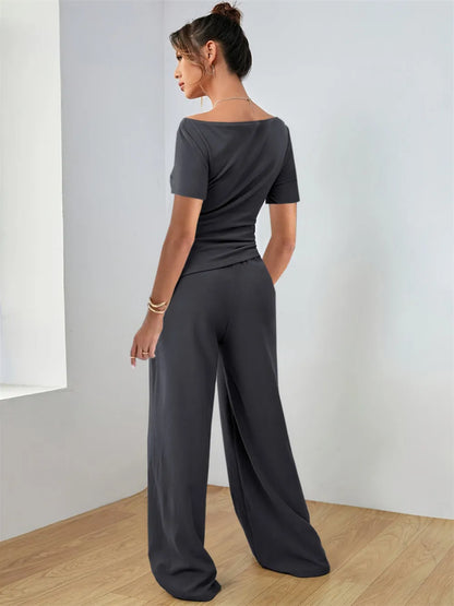 Two Piece Round Neck Short Sleeve T-Shirt and Pants Set