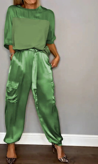villow-Smooth Satin Half-sleeved Top and Pants Set💝BUY 2 FREE SHIPPING