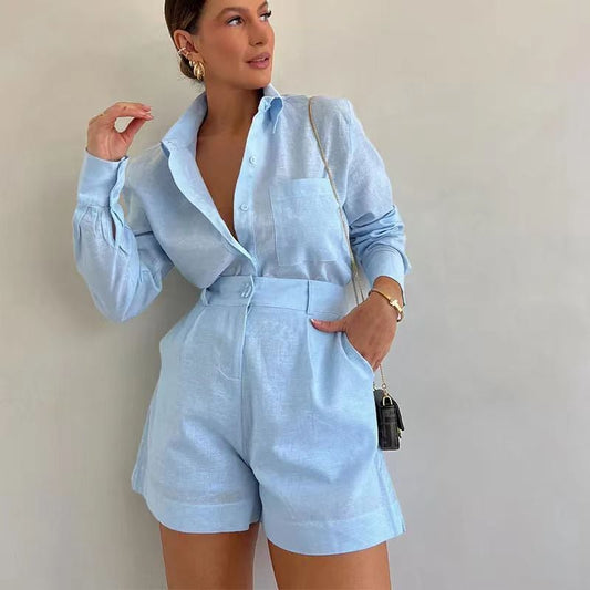 villow-Women's Casual Linen Blouse and Shorts Set