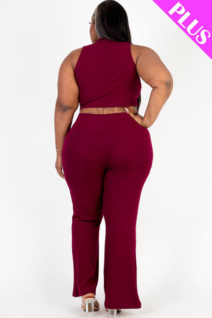 Plus Size Ribbed Mock Neck Crop Tank Top & Bootcut Pants Set