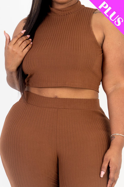 Plus Size Ribbed Mock Neck Crop Tank Top & Bootcut Pants Set