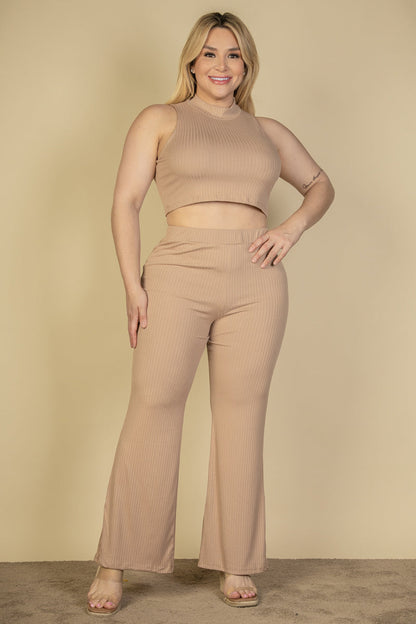 Plus Size Ribbed Mock Neck Crop Tank Top & Bootcut Pants Set