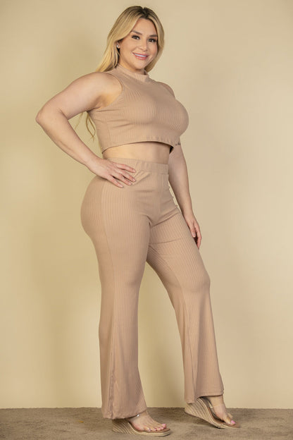 Plus Size Ribbed Mock Neck Crop Tank Top & Bootcut Pants Set