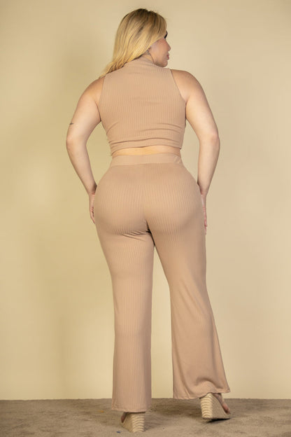Plus Size Ribbed Mock Neck Crop Tank Top & Bootcut Pants Set