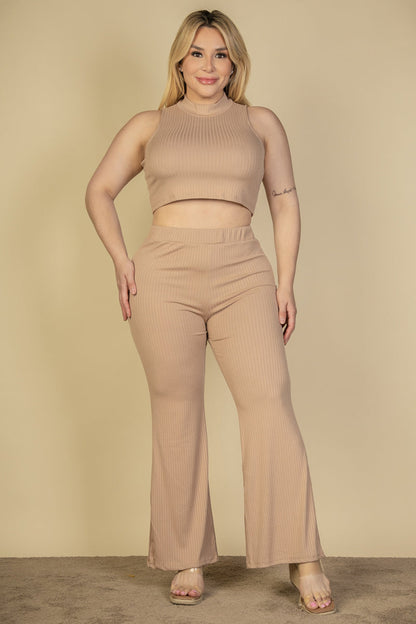 Plus Size Ribbed Mock Neck Crop Tank Top & Bootcut Pants Set