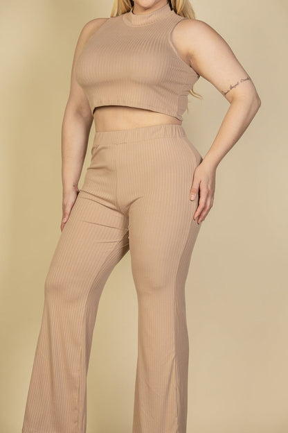 Plus Size Ribbed Mock Neck Crop Tank Top & Bootcut Pants Set