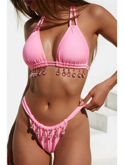 Diamond Rhinestone Halter Bikini Set